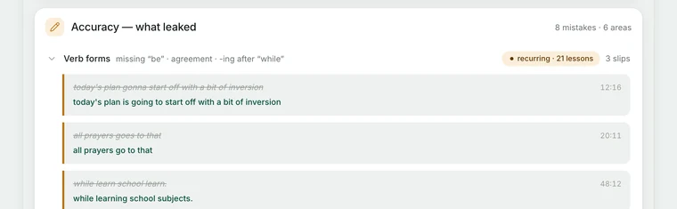 The grammar tab showing mistakes with their corrections and a recurring-across-21-lessons badge.